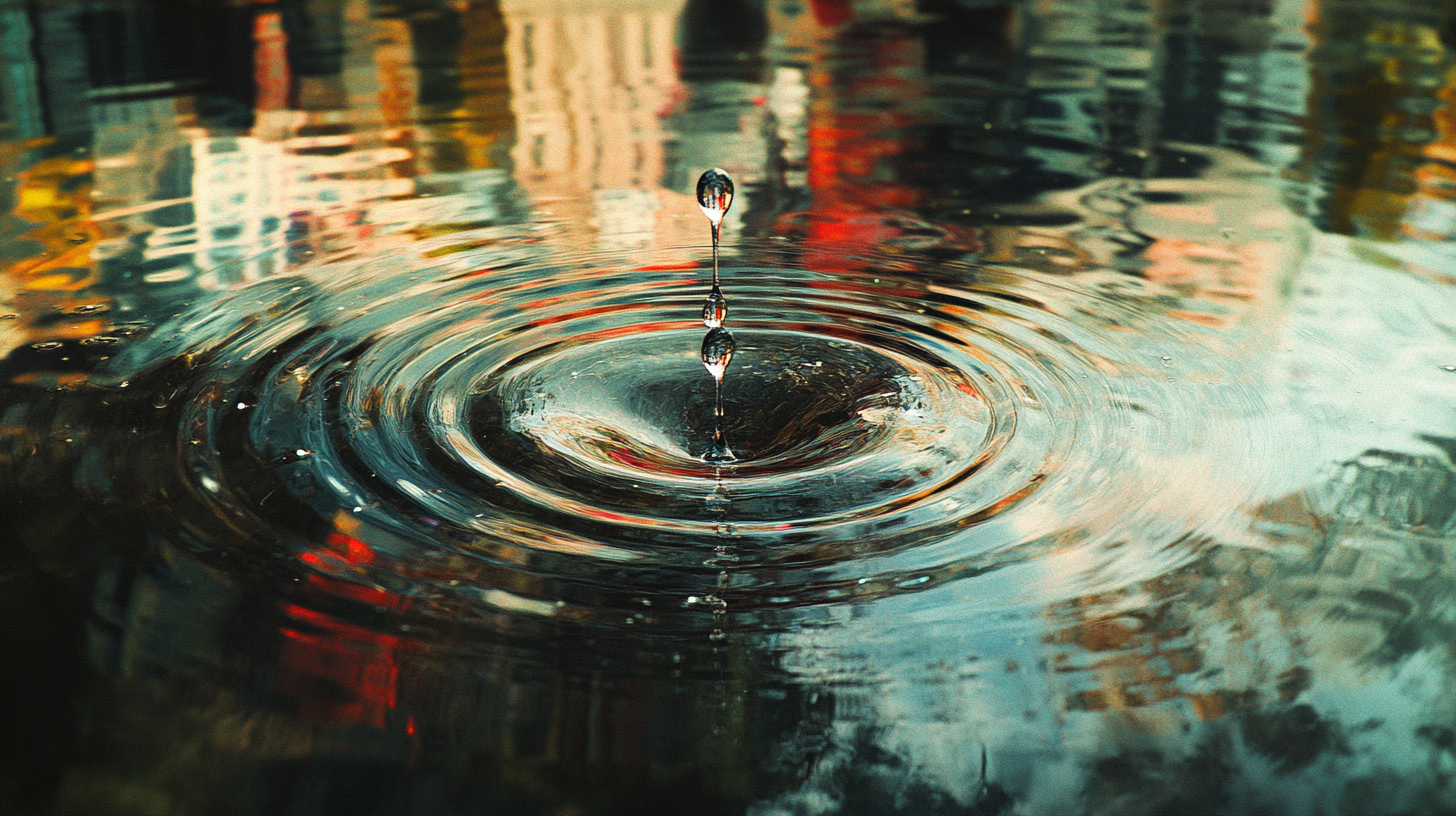 drop of water falling in a pond with a cityscape in the background