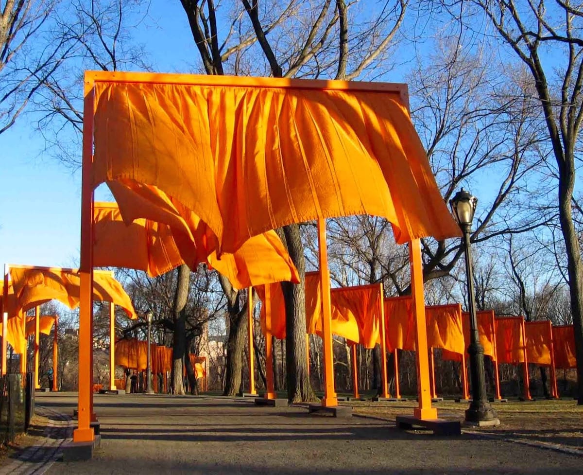 Here representing dharma gates, in February 2005, artists Christo and Jeanne-Claude installed 7,503 saffron gates along 23 miles of walkways in Central Park, inspired by traditional Japanese torii gates. Photo via julianoassociates.blogspot.ca.