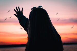 Silhouette of a person reaching toward birds at sunset